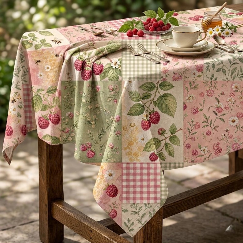 May include: A rectangular tablecloth featuring a patchwork design of pink and green squares with patterns of raspberries, white flowers, bees, and gingham checks. The fabric is draped over a wooden table set with a white teacup and saucer.