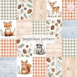 Könnte beinhalten: Ein digitales nahtloses Muster mit einem Raster aus Waldmotiven, darunter ein Rehkitz, ein Fuchs, ein Waschbär und ein Eichhörnchen, durchsetzt mit Tannenzapfen, Eicheln, Laub, orangefarbenen und grünen Vichy-Karos und hellen Holzmaserungen.