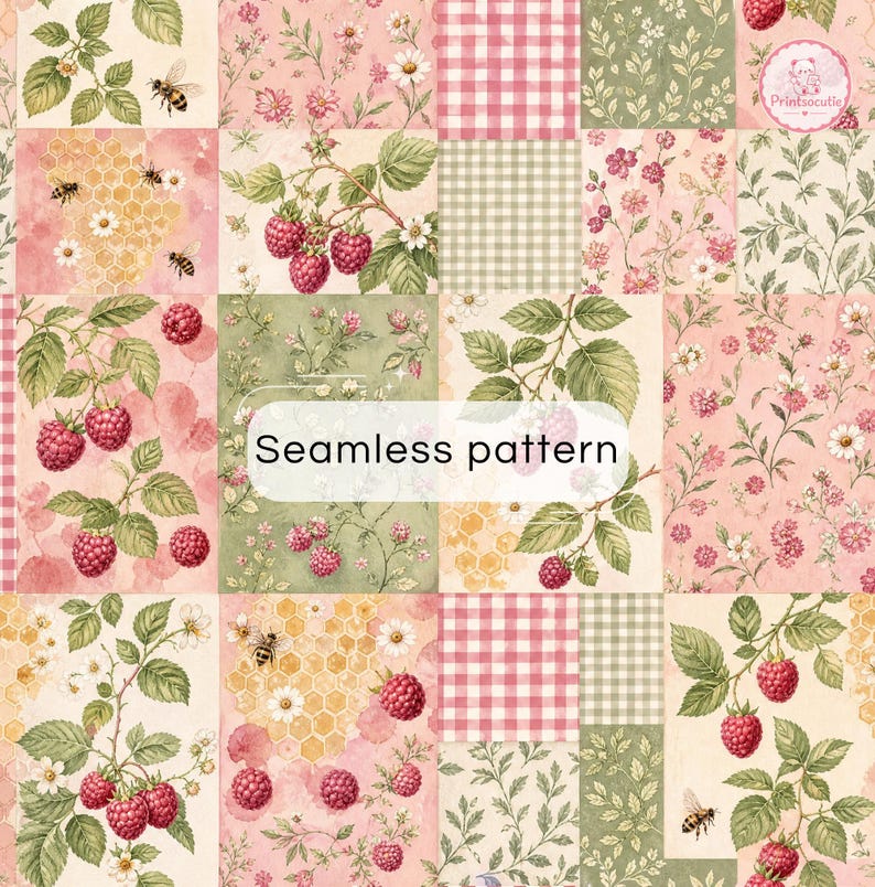 May include: A seamless pattern featuring a grid of squares with botanical illustrations of raspberries, green leaves, white daisies, honeycombs, and bees. The design includes pink and green gingham checks and floral motifs with the text Seamless pattern.