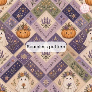 May include: A seamless pattern featuring a diamond grid with illustrations of smiling pumpkins wearing floral crowns, ghosts holding lavender bouquets, and sprigs of lavender and wildflowers in shades of purple, green, and cream.
