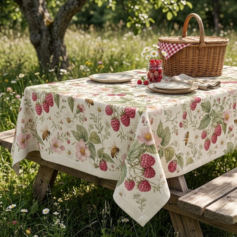 May include: A rectangular tablecloth featuring a botanical print of red raspberries, pink flowers, green leaves, and honeybees on a cream background. The tablecloth is draped over a wooden picnic table with a wicker basket and plates.