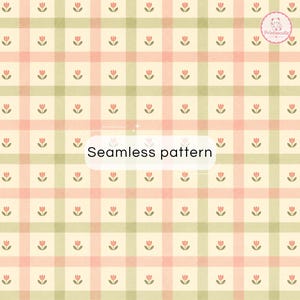 May include: A seamless pattern featuring a grid of intersecting light pink and sage green lines on a cream background. Small, stylized pink tulips with green stems and leaves are centered within each square. The text Seamless pattern is visible.