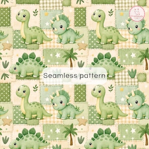 May include: A seamless pattern featuring cartoon dinosaurs in shades of green, including long-necked sauropods and triceratops, set against a patchwork background of cream, light green, and white squares with stars, palm trees, and text.