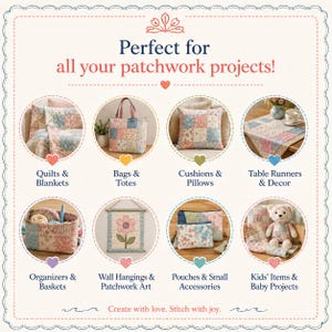 Puede incluir: Un gr&aacute;fico informativo rectangular que muestra ocho im&aacute;genes circulares de art&iacute;culos de patchwork, incluyendo edredones, bolsos, cojines, caminos de mesa, cestas, tapices, estuches y un osito de peluche, con el texto Perfect for all your patchwork projects.