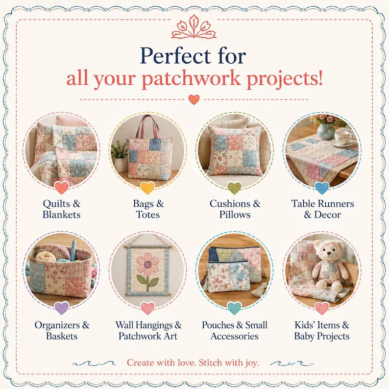 Puede incluir: Un gr&aacute;fico informativo rectangular que muestra ocho im&aacute;genes circulares de art&iacute;culos de patchwork, incluyendo edredones, bolsos, cojines, caminos de mesa, cestas, tapices, estuches y un osito de peluche, con el texto Perfect for all your patchwork projects.