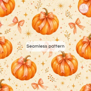 May include: A seamless pattern featuring orange pumpkins adorned with light peach bows, interspersed with small golden stars, delicate sprigs, and dots on a cream background. The text Seamless pattern is centered in a white rectangular box.