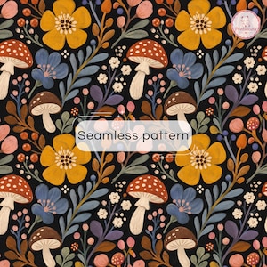 Pode incluir: Um padrão contínuo sobre fundo preto com ilustrações de flores amarelas, cogumelos vermelhos e castanhos, pétalas azuis e pequenas bagas cor-de-rosa. O texto "Seamless pattern" está centrado numa caixa branca, com um logótipo no canto.