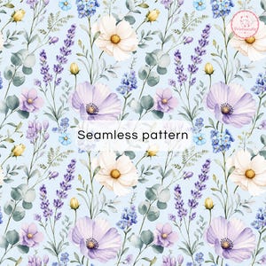 May include: A seamless pattern featuring watercolour illustrations of light purple cosmos flowers, lavender sprigs, small blue forget-me-nots, and yellow buds on a pale blue background. The text Seamless pattern is centred in the middle.