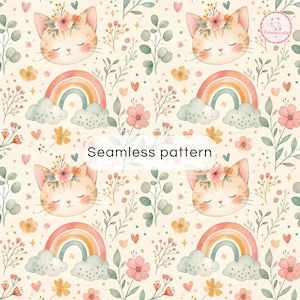 May include: A seamless pattern featuring repeating illustrations of cat faces with floral crowns, rainbows with clouds, small hearts, and various botanical sprigs on a cream background. The text Seamless pattern is centered.