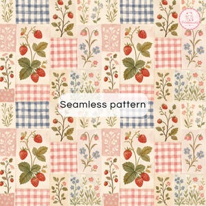 Pode incluir: Um padrão sem costuras com um design de patchwork de morangos, pequenas flores silvestres e quadrados vichy azuis ou cor-de-rosa. A ilustração repetitiva inclui morangos vermelhos em caules verdes, ramos florais delicados e quadrados axadrezados num fundo creme.