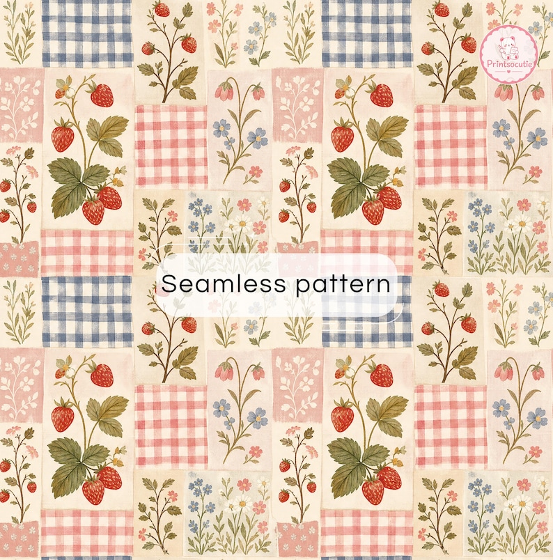 Puede incluir: Un patr&oacute;n sin costuras con un dise&ntilde;o de patchwork de fresas, peque&ntilde;as flores silvestres y cuadros vichy azules o rosas. La ilustraci&oacute;n repetitiva incluye fresas rojas sobre tallos verdes, delicadas ramitas florales y cuadrados a cuadros sobre un fondo crema.