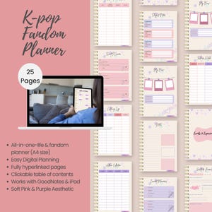 May include: A digital K-pop fandom planner with a soft pink and purple aesthetic. The planner includes 25 pages and is designed for easy digital planning. The image shows a laptop displaying the planner's interface, alongside several open planner pages.