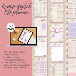 Puede incluir: Un planificador de vida digital K-pop con una estética rosa y morada suave. La imagen muestra una computadora portátil que muestra la tabla de contenido del planificador, junto con una taza de café y auriculares inalámbricos. El planificador tiene más de 70 páginas y es de tamaño A4.