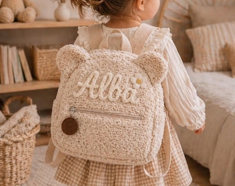 Gepersonaliseerde kinderrugzak – Kleuterschooltas voor meisjes en jongens – Beige tas met teddybeerprint – Zachte tas voor de babykamer – Cadeau voor de start van het schooljaar