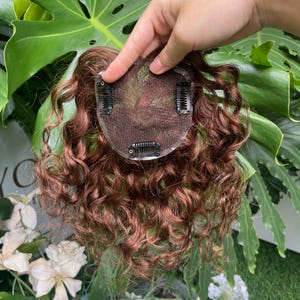 Curly Auburn Human Hair Topper, 4x4 Brown Wiglet, Instant Crown Volume Clips