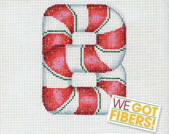 Needlepoint Monogram/Painted Needlepoint Canvas/Christmas Needlepoint/Needlepoint Chrismas Ornament/Candy Cane