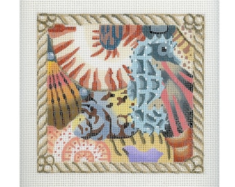 NEEDLEPOINT SALE /Needlepoint Handpainted Sea Shell Canvas /Solid Shells with Seahorse / Needlepoint Eyeglass or Phone Case