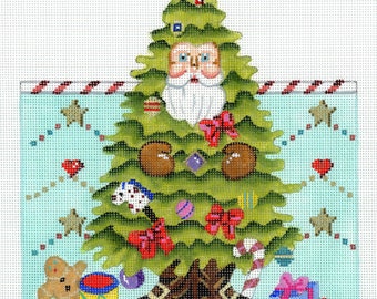 Handpainted Needlepoint Santa Roll-up Canvas - Green, Aqua, Red - Santa Christmas Tree