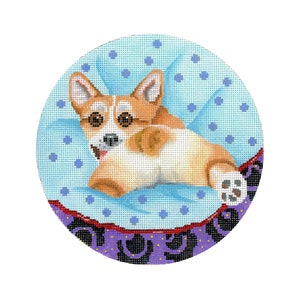 Dog Needlepoint Canvas/Hand Painted Needlepoint Canvas/Corgi on a Dog Bed