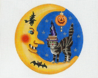 Halloween Needlepoint Moon and Cat Canvas - orange, yellow, blue - Handpainted Needlepoint - Ornament in Moon