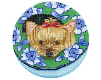 Dog Needlepoint Canvas/Hand Painted Needlepoint Canvas/Yorkshire Terrier on a Dog Bed