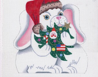 NEEDLEPOINT SALE/Hand Painted Needlepoint Christmas Bunny Canvas/Front, back and bottom