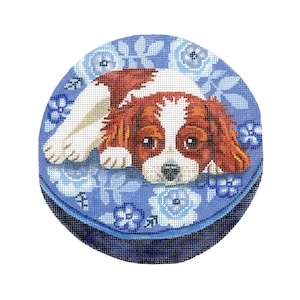 Dog Needlepoint Canvas/Hand Painted Needlepoint Canvas/Red and White Cavalier King Charles Spaniel on a Dog Bed