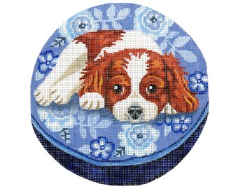 Dog Needlepoint Canvas/Hand Painted Needlepoint Canvas/Red and White Cavalier King Charles Spaniel on a Dog Bed