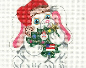 NEEDLEPOINT SALE /Hand painted Needlepoint Bunny Christmas Ornament Canvas