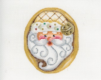Santa Needlepoint / Painted Needlepoint / Hand Painted Santa Canvas / Gold and White  / Santa Cookie