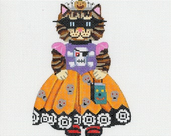 Hand Painted Needlepoint Canvas Halloween - Goth Kitty Princess