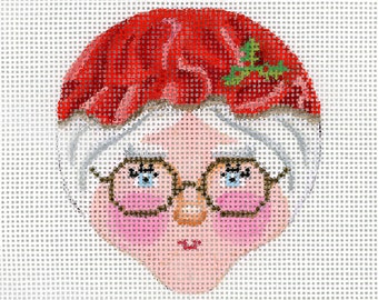 Mrs. Santa Needlepoint Ornament / Hand Painted Santa Canvas / Mrs. Santa Face