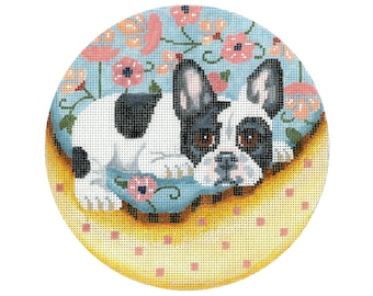 Dog Needlepoint Canvas/Hand Painted Needlepoint Canvas/French Bulldog on a Dog Bed/Black and White