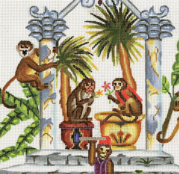 Needlepoint Monkey Canvas / Hand Painted Monkeys in Tropical