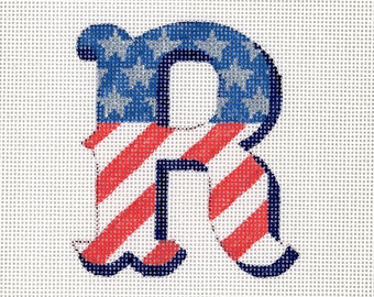 Needlepoint Monogram R in American Flag Colors / Patriotic Needlepoint / Red, White and Blue
