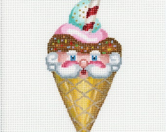 Santa Needlepoint Canvas / Painted Needlepoint / Santa Ice Cream Cone