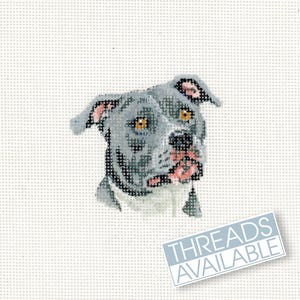 May include: A needlepoint canvas featuring a gray and white dog portrait with amber eyes and pink accents on the ears and muzzle. The canvas includes a rectangular label in the bottom right corner with the text THREADS AVAILABLE in blue.