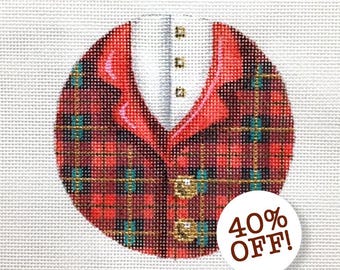 Santa Needlepoint Ornament / Hand Painted Santa Canvas / Santa's Plaid Tuxedo