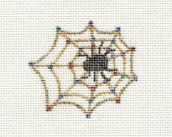 Hand Painted Halloween Canvas Needlepoint - Spider Web