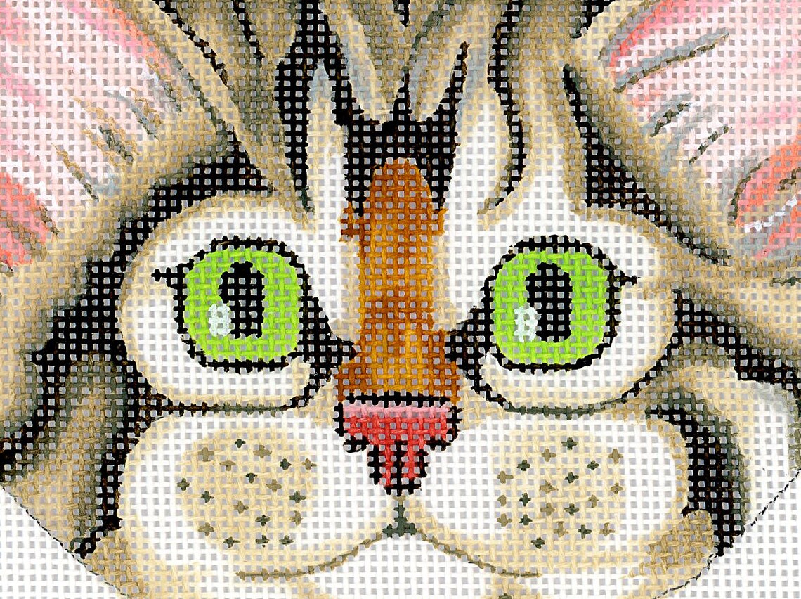 Needlepoint Handpainted Cat Canvas Gray Tabby Face Purse Etsy