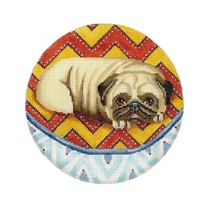 Dog Needlepoint Canvas/Hand Painted Needlepoint Canvas/Pug on a Dog Bed