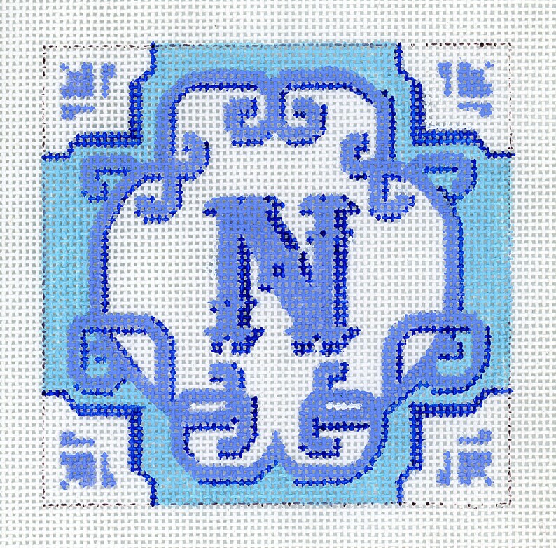 Handpainted Needlepoint Monogram Canvas Blue and White Etsy