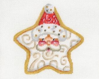Santa Needlepoint / Painted Needlepoint / Hand Painted Santa Canvas / Red / Star Santa Cookie