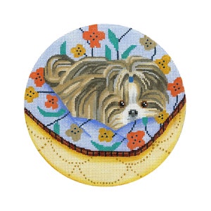 Dog Needlepoint Canvas/Hand Painted Needlepoint Canvas/Shih-Tzu on a Dog Bed