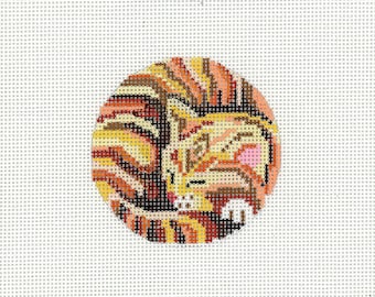 Hand Painted Needlepoint - Round Animal Ornament - Red Tabby Cat