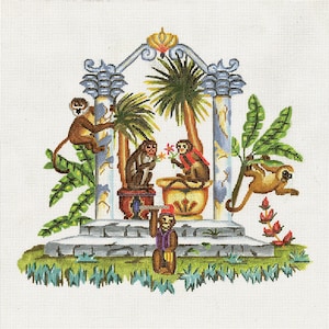 Needlepoint Monkey Canvas / Hand Painted Monkeys in Tropical Garden