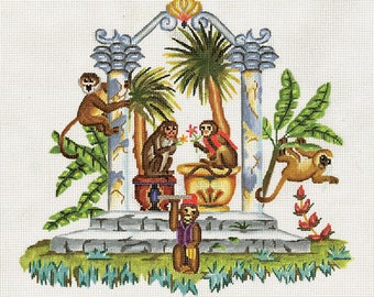 Needlepoint Monkey Canvas / Hand Painted Monkeys in Tropical Garden