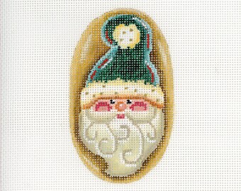 Santa Needlepoint / Painted Needlepoint / Hand Painted Santa Canvas / Green / Santa Cookie