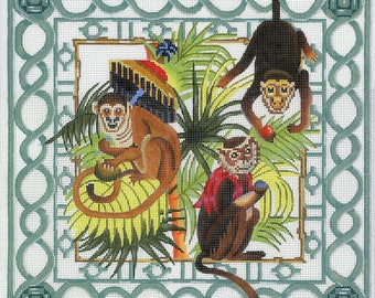 Handpainted Needlepoint Monkey Canvas - Brown, Aqua, Green, Red - Monkey Trellis Garden