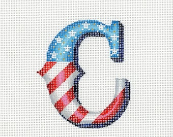 Needlepoint Monogram C in American Flag Colors / Patriotic Needlepoint / Red, White and Blue